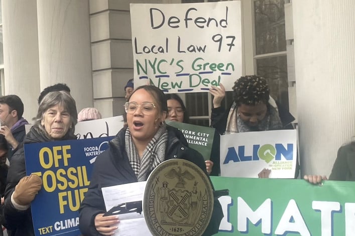 City Council member Carmen de La Rosa at a rally Thursday against the “landlord loophole”